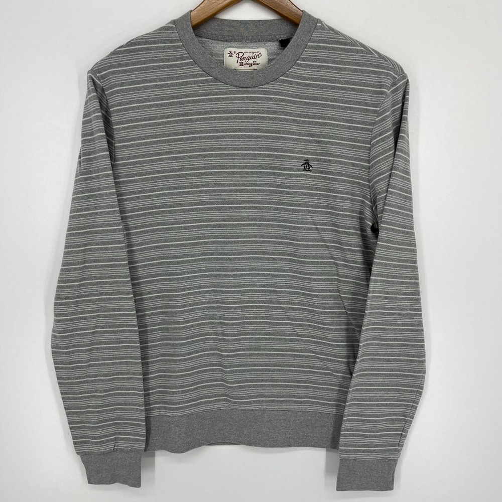 Original Penguin Mens Grey White Striped Crewneck Sweatshirt Logo Size Medium